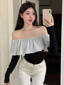 Dazy Star Women's Contrast Color Lace Off Shoulder Long Sleeve T-Shirt,Ruffle,Fall Women Clothes Cute Tops - Black - View 1