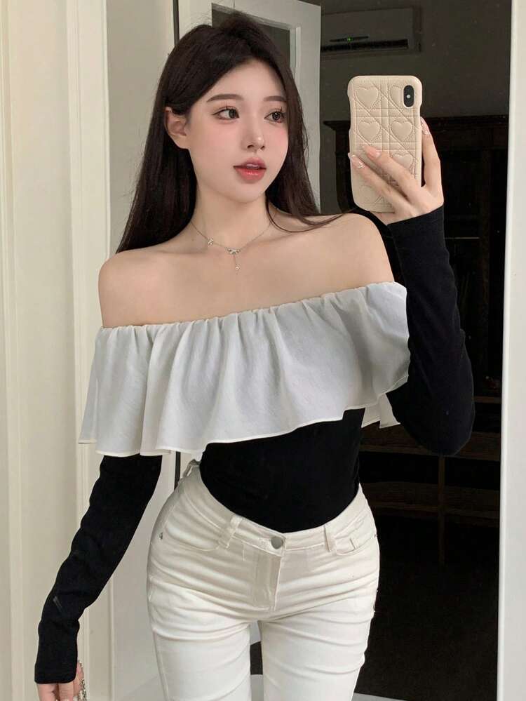 Women's Contrast Color Lace Off Shoulder Long Sleeve T-Shirt,Ruffle,Fall Women Clothes Cute Tops