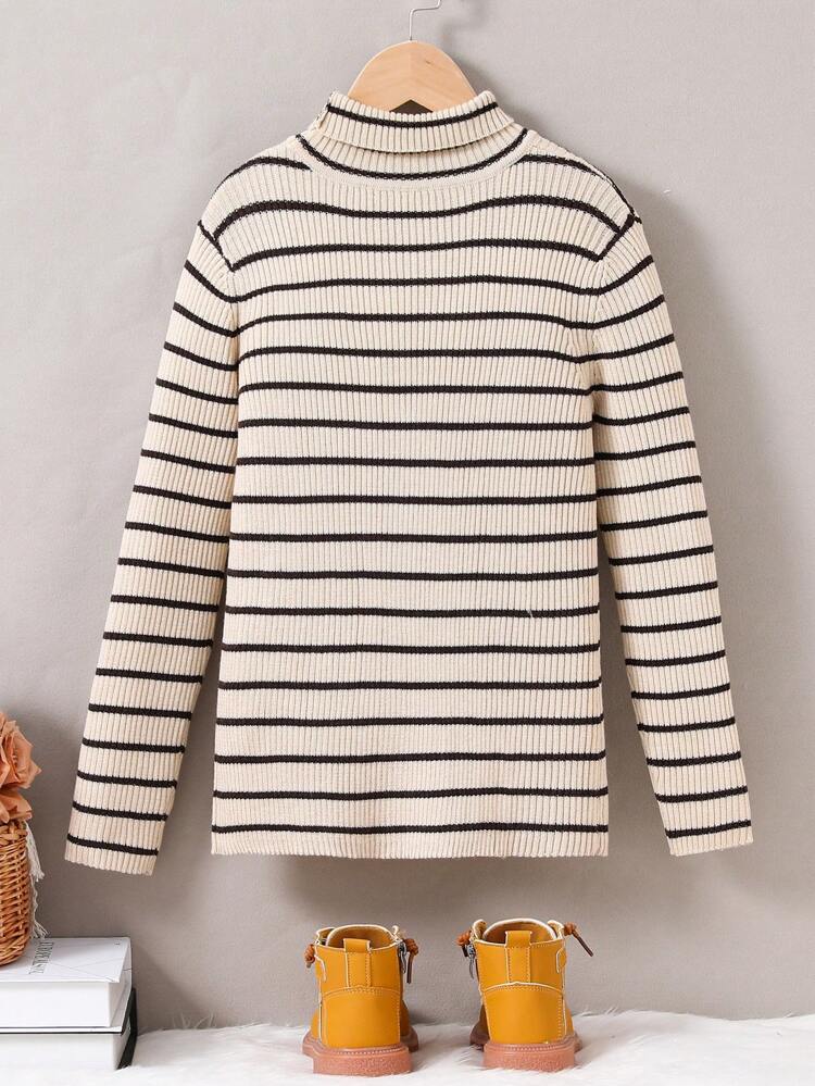 Girls Striped Pattern Turtleneck Knitted Sweater
