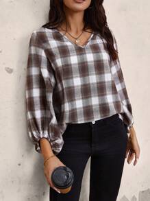 SHEIN LUNE Women's Grid Pattern Lantern Sleeve Shirt - Multicolor - View 2