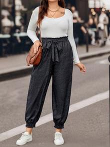 SHEIN LUNE Của phụ nữ Kích thước lớn Nếp gấp cao eo Thắt lưng Quần - Màu xanh hải quân - Xem 4