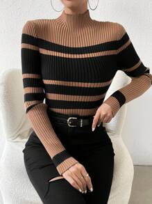 SHEIN LUNE Giải trí Quý cô Sọc Áo cao cổ Áo len - màu nâu - Xem 3