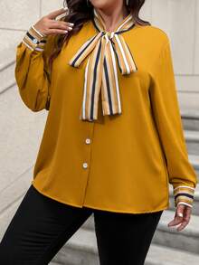 SHEIN Clasi Kích thước lớn Của phụ nữ Sọc In Áo sơ mi Với Tie Trước Vòng cổ - Màu vàng - Xem 4