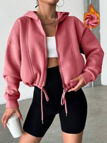 SHEIN Cottnline Women's Hoodie With Drop Shoulder, Drawstring Hem, Front Zipper Closure - Pink - View 1