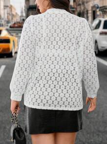 Calvaya 女式大尺碼圓領鏤空上衣 - 白色 - 查看 2