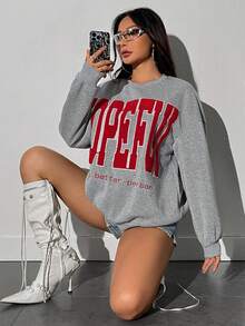 SHEIN Unity Của phụ nữ Thả vai In thư Áo chui đầu Hoodie Với Vá lại - Xám - Xem 6
