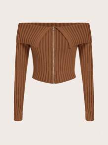 SHEIN ICON Solid Color Off Shoulder Zipper Cardigan - Brown - View 1