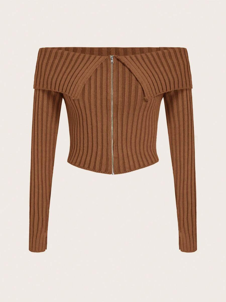 SHEIN ICON Solid Color Off Shoulder Zipper Cardigan - Brown - View 1