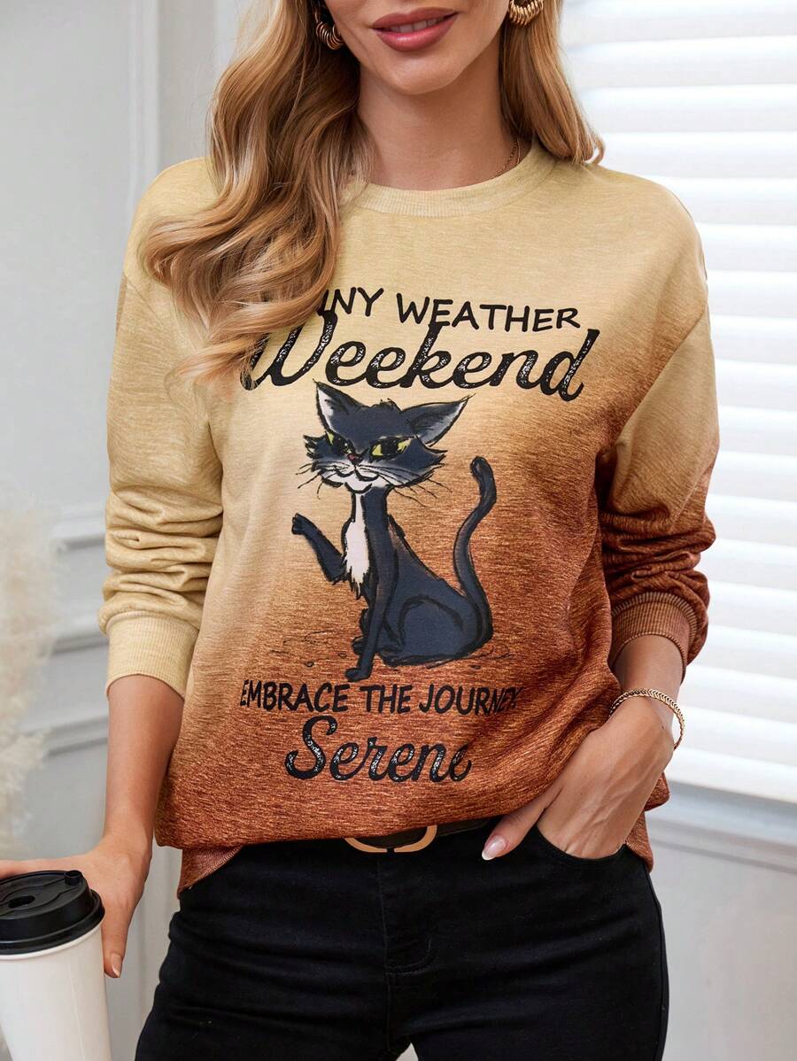 EMERY ROSE Women's Cat & Letter Print Drop Shoulder Sweatshirt - Multicolor - View 1