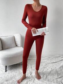 SHEIN LUNE Conjunto De Dos Piezas Para Mujeres De Top Y Leggings Acanalados De Color Sólido - Rojo - Ver 1