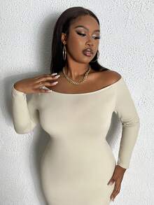 Slaydiva Hơn Off Shoulder Váy bodycon - Màu be - Xem 4