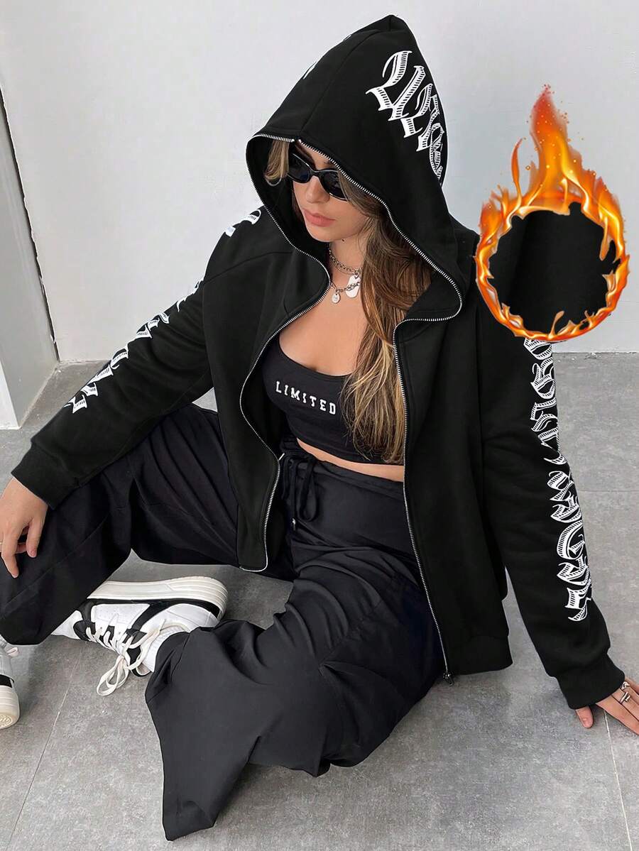 Flirla Áo nỉ tay raglan có khóa kéo, in chữ, cỡ lớn - màu đen - Xem 1