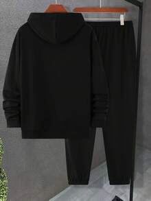 Manfinity Homme Men's Cartoon & Slogan Printed Hooded Sweatshirt And Pants Set With Drawstring, Long Sleeve - Black - View 2