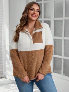 SHEIN LUNE 女款大尺碼拼色半拉鍊連帽運動衫 - 彩色 - 查看 4