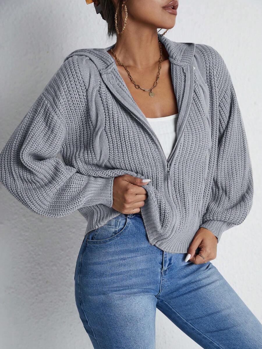 Cloudara Drop Shoulder Zip Up Hooded Cardigan - Light Grey - View 1