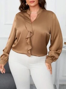 SHEIN Clasi Plus Size Women'S Ruffle Hem Notched-Neck Shirt - Khaki - View 3