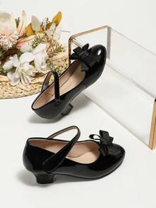 Spring/Summer New Girls Shiny Dress Shoes High Heels, Little Girls Black Bow Tie Shoes, Big Kids Princess Performance Shoes - Black - View 5