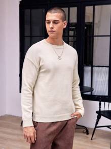 Manfinity Hypemode 男士寬鬆休閒圓領純色毛衣 - 米色 - 查看 3