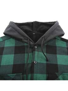 Men Buffalo Plaid Print Thermal Lined Drawstring Hooded Shacket - Black - View 3