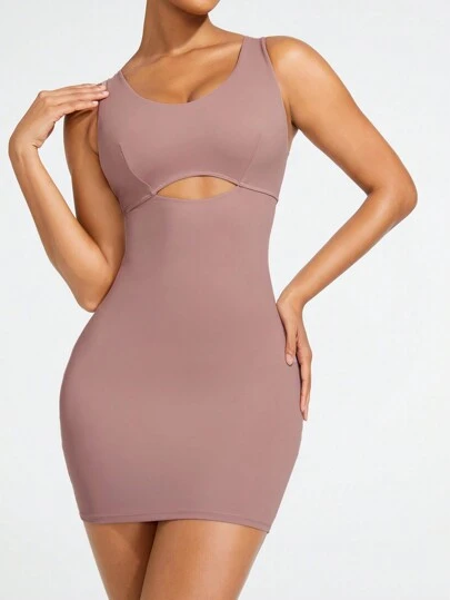 SHAPORA Vestido Moldeador Con Ribete De Pom Pom Y Cuello Redondo De Color Sólido Para Mujeres