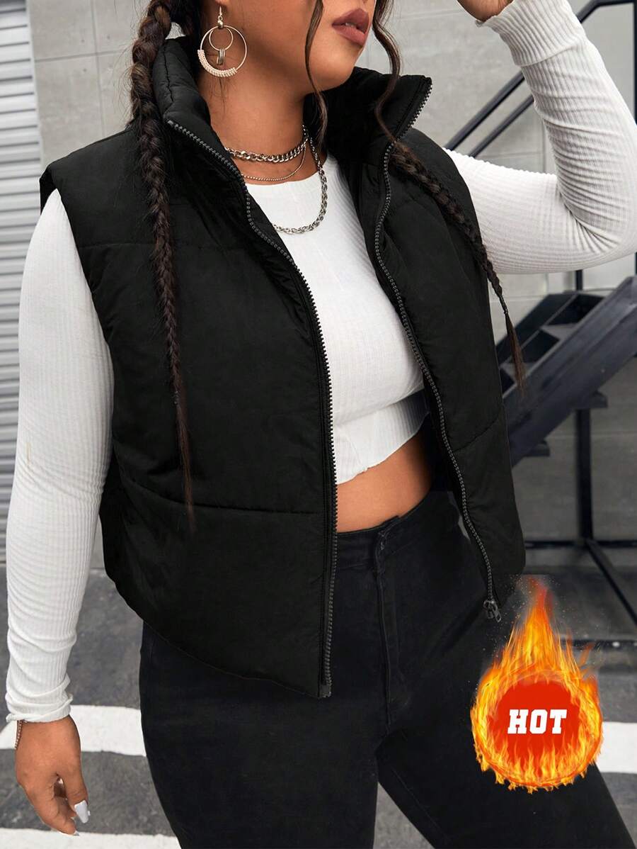 SHEIN EZwear Chaleco con cremallera talla extra, para invierno - Negro - Ver 1