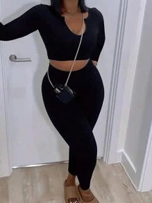 INAWLY Women's Shortened Cut Out Neckline T-shirt And Leggings Set - Black - View 4