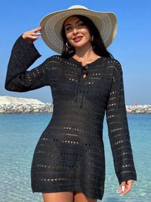 Cubierta Con Cordón Y Escote De Punto Ahuecado Para Mujer - Negro - Ver 1