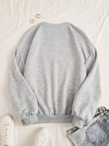 SHEIN EZwear Casual Sporty Letter Printed Flower Grey Round Neck Loose Plus Size Sweatshirt, Autumn And Winter Fall