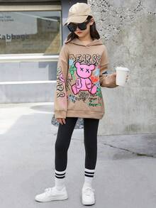 SHEIN Tween Girl Loose Fit Casual Graffiti Print Fleece Sweatshirt And Leggings 2pcs/Set - Apricot - View 5