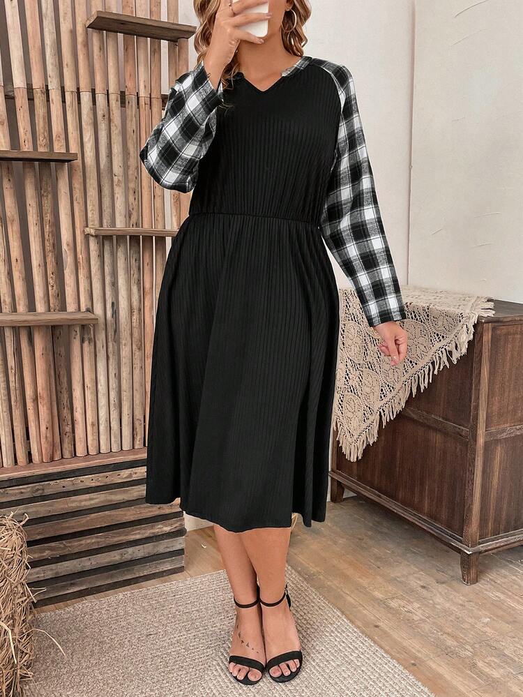 Plus Size Plaid Colorblock Shift Dress With Notched Neckline, Raglan Sleeve, And Hidden Pockets Fall Cloth For Women