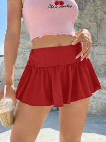 SHEIN EZwear 純色迷你裙 - 紅色 - 查看 1