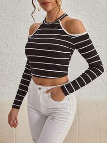 SHEIN Essnce Quý cô Sọc Vai lạnh Quần skinny Áo thun - Cà phê nâu - Xem 6