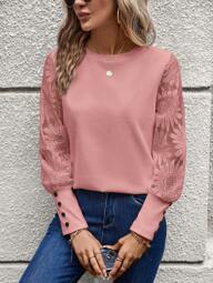 SHEIN LUNE Pink Lace Sleeves Patchwork Waffle Floral Print Women Blouse