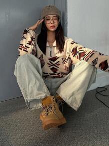 DAZY 女士半拉链几何图案泰迪绒连帽衫，长袖上衣，秋季女装，保暖内衬卫衣