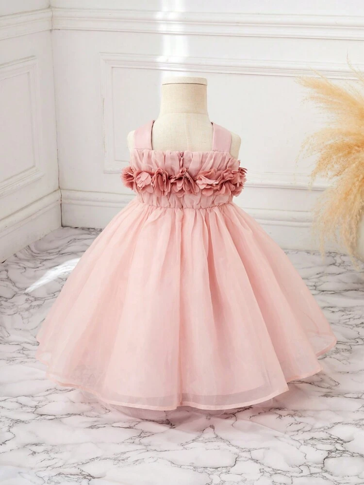 Baby Girls' Gorgeous 3d Flower Patchwork Organza Dress With Vest Design