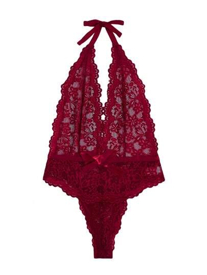 Seduluxe Bloemen Kanten Scallop Plunging Neck Backless Halter Teddy Bodysuit Lingerie view 5