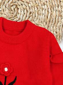 女嬰花卉圖案圓領毛衣 - 紅色 - 查看 4