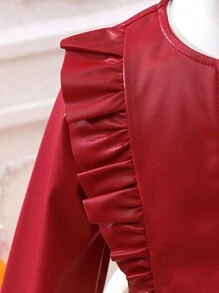 SHEIN Bộ đồ hai mảnh áo khoác bèo nhún và váy lưới tương phản cho bé gái - Màu Đỏ Sâu - Xem 3