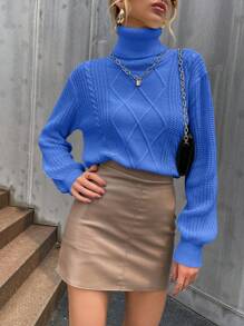 Chiquease 女士纯色高领套头毛衣针织衫秋冬毛衣 - 藍色 - 查看 5