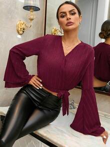 SHEIN Privé 女式喇叭長袖正面繫帶短襯衫 - 酒紅色 - 查看 1