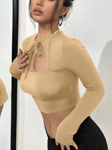 SHEIN Unity 繫帶領口長袖修身女 T 卹 - 卡其色 - 查看 4