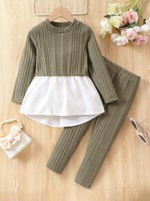 SHEIN Young Girl Color Block Long Sleeve Tee And Pants Set With Round Neck - Green - View 1