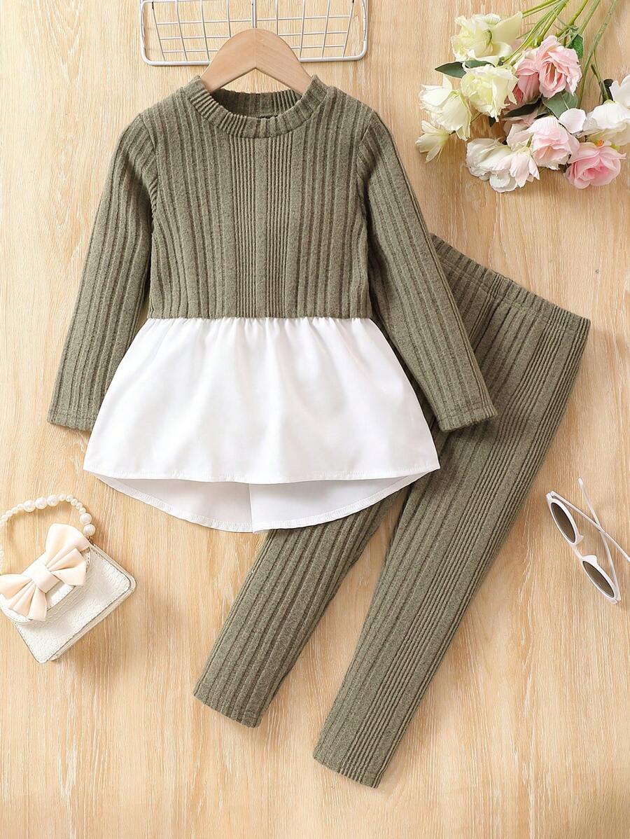 SHEIN Young Girl Color Block Long Sleeve Tee And Pants Set With Round Neck - Green - View 1