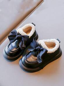 冬季加厚女童鞋新款毛結子兒童鞋，保暖幼兒女童公主皮鞋 - 黑色 - 查看 4