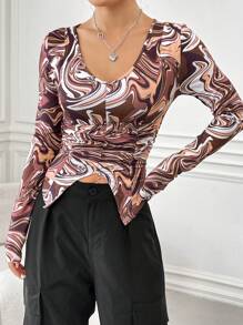 SHEIN EZwear قميص بنات جيرسي مع نمط موجة الماء - بني - مشاهدة 4