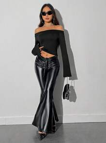 SHEIN Unity Của phụ nữ Off-shoulder Ruffled Ngắn tay Top Cây trồng - màu đen - Xem 4