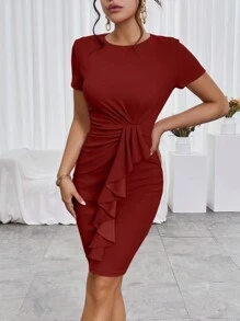 SHEIN Privé Women's Ruffle Hem Short Sleeve Bodycon Dress - Rose Red - View 5