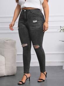 SHEIN Privé Kích thước lớn Đau khổ Co giãn Quần jean ôm - màu đen - Xem 5