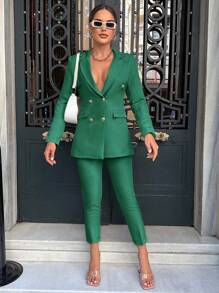 RueChic Lapel Neck Double Breasted Blazer & Pants - Green - View 5