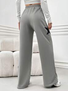 SHEIN EZwear Women's Star Printed Drawstring Waist Cargo Jogger Pants - Light Grey - View 3